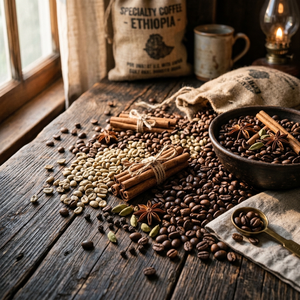 Vishmi collection of roasted coffee beans and natural spices