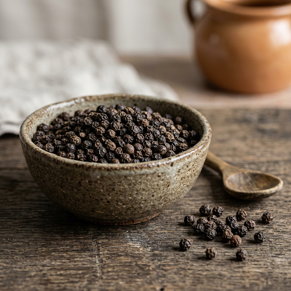 Export quality black peppercorns in ceramic dish