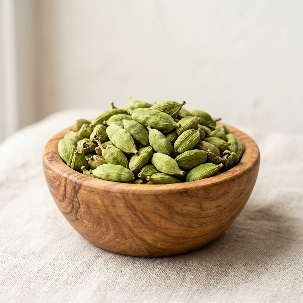 Bright green cardamom pods in wooden bowl